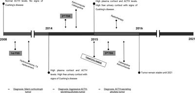 Case Report: Progression of a Silent Corticotroph Tumor to an Aggressive Secreting Corticotroph Tumor, Treated by Temozolomide. Changes in the Clinic, the Pathology, and the β-Catenin and α-SMA Expression